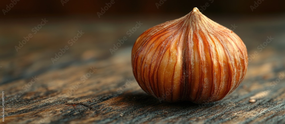Poster hazelnut on textured wooden surface with natural lighting and subtle shadows copy space