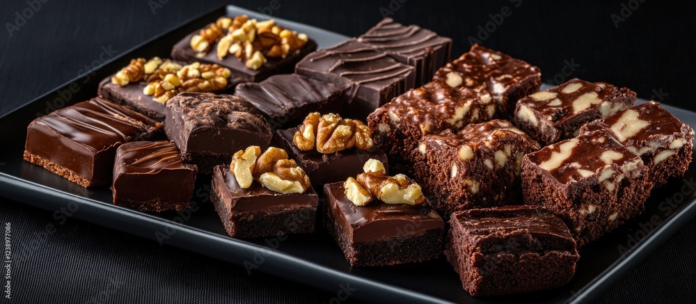 Poster assorted chocolate brownies with walnuts on a black plate against a dark background copy space