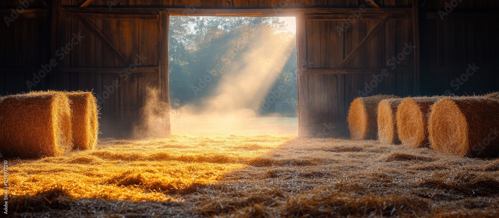 Poster sunlit barn interior with hay bales and golden light streaming through open doors creating a warm at
