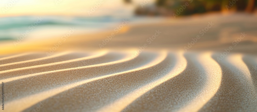 Aufkleber sand texture with ripples and soft lighting at beach during sunrise or sunset with blurred backgroun