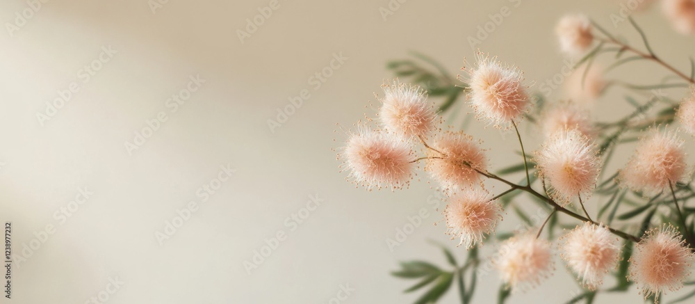 Aufkleber Pink fluffy flowers on a green stem with soft blurred background and ample copy space for text placement