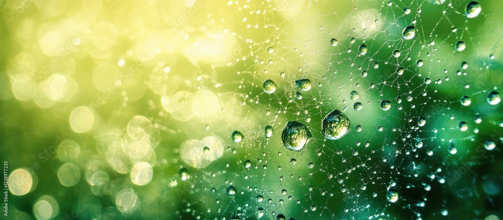 Aufkleber Close-up of dew droplets on spider web with blurred green background and soft bokeh effect natural light Copy Space