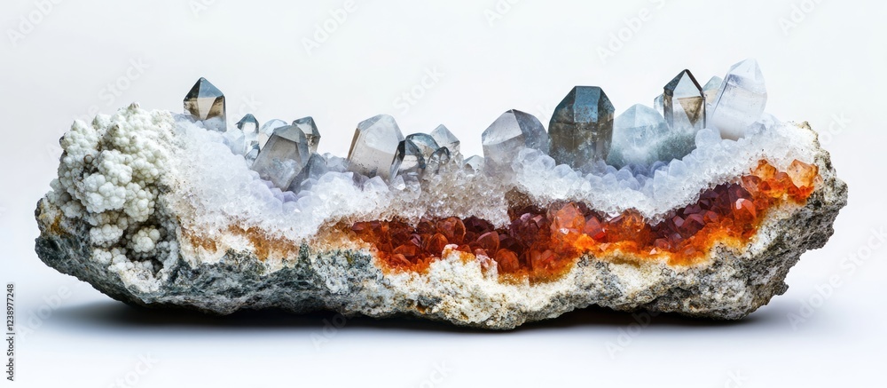 Poster geode featuring quartz and calcite crystals with vibrant colors and textures on a white background c
