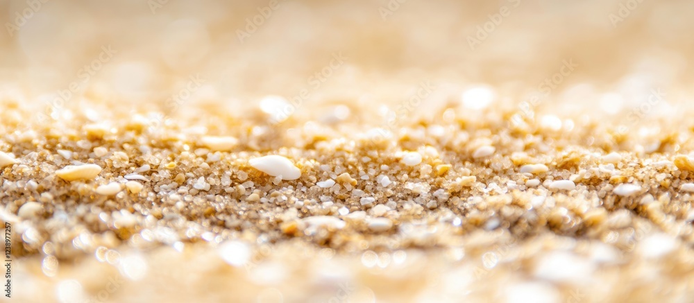 Poster close-up of fine sandy beach with small shells and pebbles glistening under sunlight natural texture