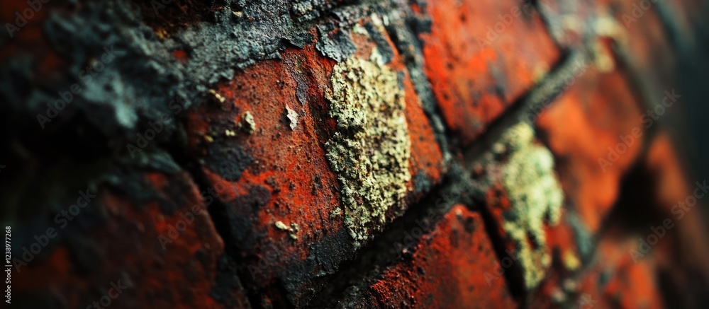 Aufkleber Close-up view of weathered red bricks with texture details and lichen growth on a rustic wall surface Copy Space
