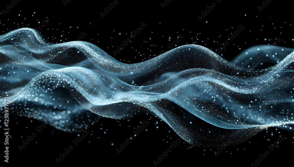 Poster abstract blue wave of digital data and technology background with glowing particles