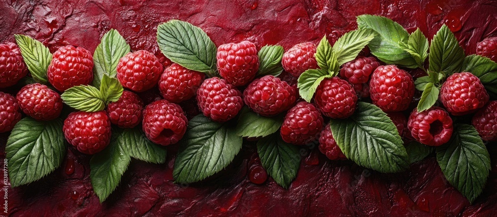 Aufkleber Fresh raspberries and green leaves arranged on a textured red background with copy space for text