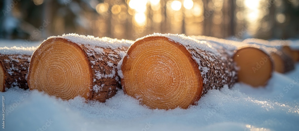 Poster snow covered logs in a winter forest with sunlight filtering through trees showcasing wood grain det