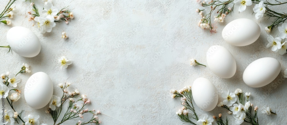 Poster white eggs arranged with delicate flowers on a light textured background copy space