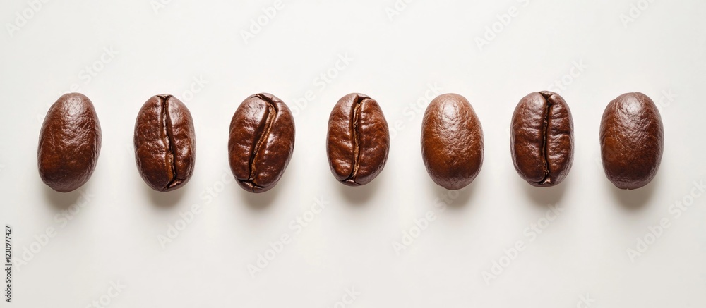 Aufkleber Coffee beans arranged in a line on a white background with ample Copy Space for text placement.