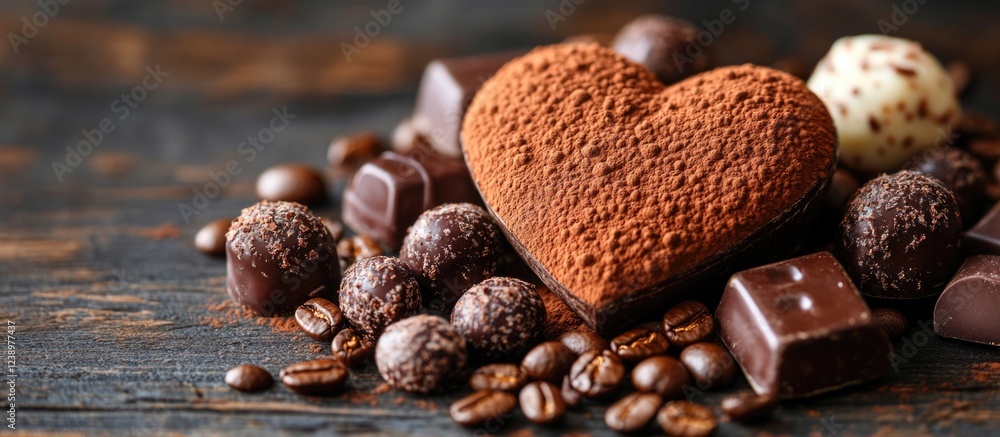 Poster Assorted chocolates coffee beans and heart shaped cocoa dusted chocolate on wooden background with Copy Space