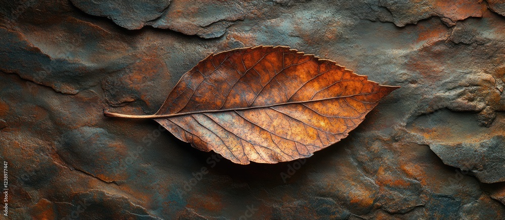 Poster Dried autumn leaf resting on textured rust-colored surface with natural patterns and colors Copy Space