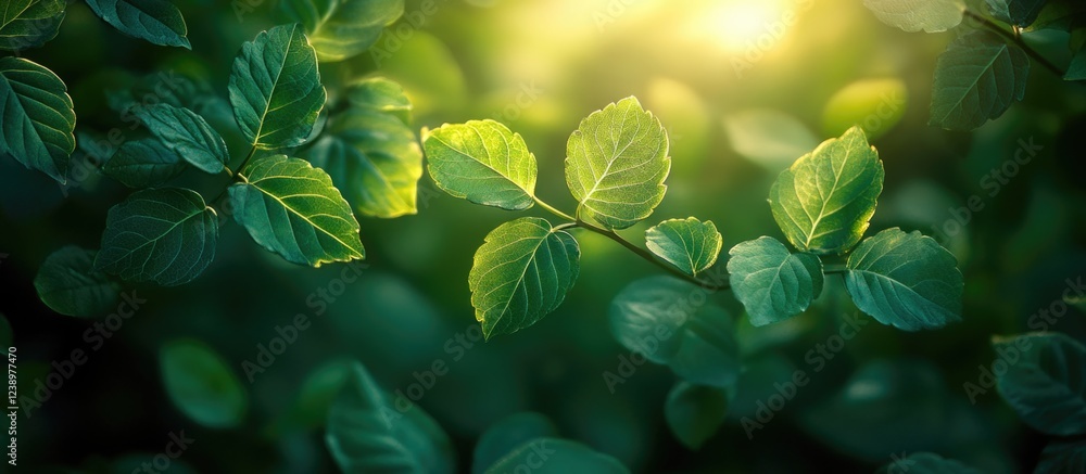 Poster green leaves in natural light with blurred background providing copy space for text placement