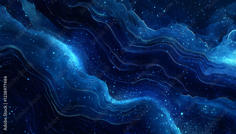Poster abstract blue wave of digital data and technology background with glowing particles
