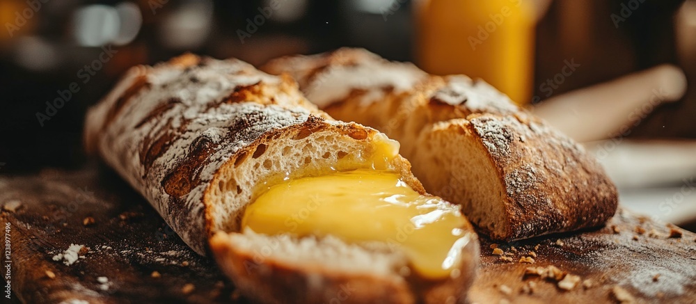 Poster Freshly baked bread with gooey yellow filling sliced open on a wooden board with rustic background and scattered flour, Copy Space