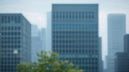 Fototapeta premium Blurred cityscape with modern buildings and green trees