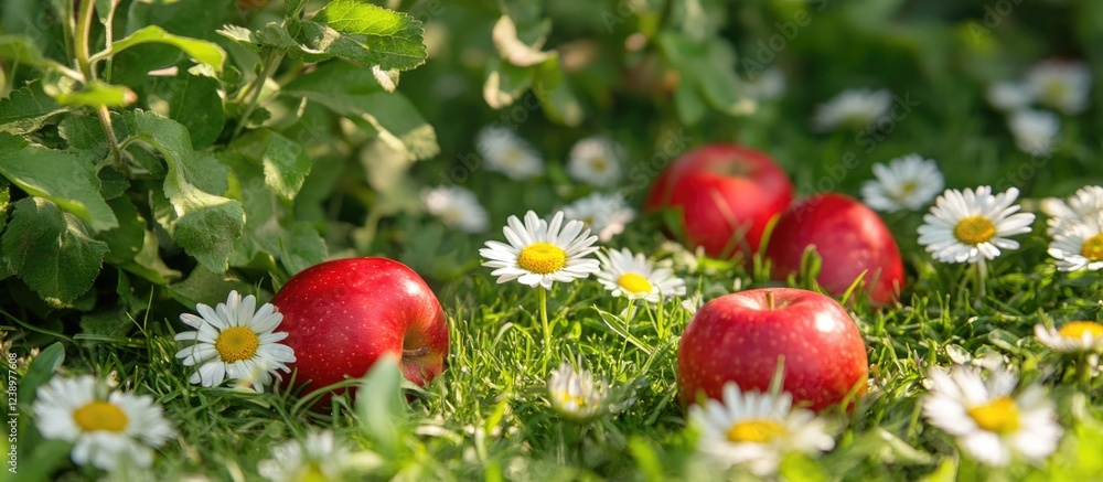 Poster red apples resting among white daisies in a lush green grass field with natural light highlighting t