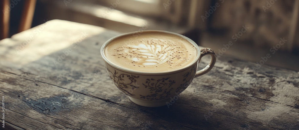 Poster coffee cup with latte art placed on a rustic wooden table with natural light in a cozy indoor settin