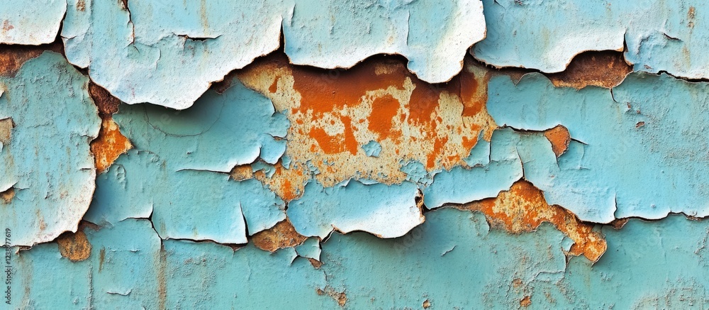 Aufkleber Peeling blue paint texture with rust and orange patches on weathered surface suitable for backgrounds and abstract designs Copy Space