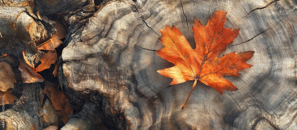 Poster autumn leaf on tree stump with textured wooden surface and scattered dried leaves in natural setting