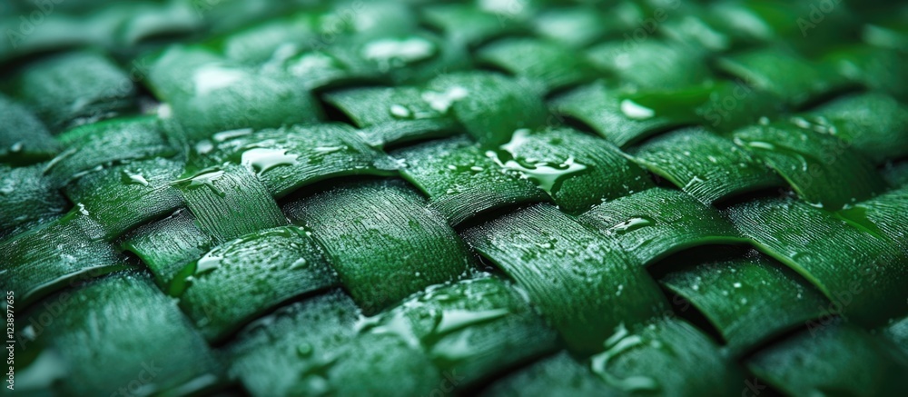 Poster close-up of woven green leaves with water droplets on a textured surface suitable for backgrounds an