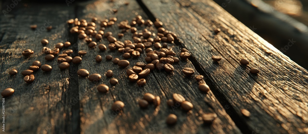 Aufkleber Coffee beans scattered on rustic wooden table surface in soft warm light with natural texture and copy space for text