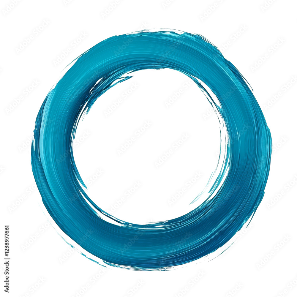 Poster a digitally created image showing a circular brush stroke of teal blue paint on a black background.