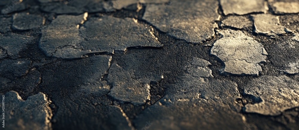 Aufkleber Textured cracked surface with dark tones and highlights showing light reflections unevenly across the broken layers of material. Copy Space