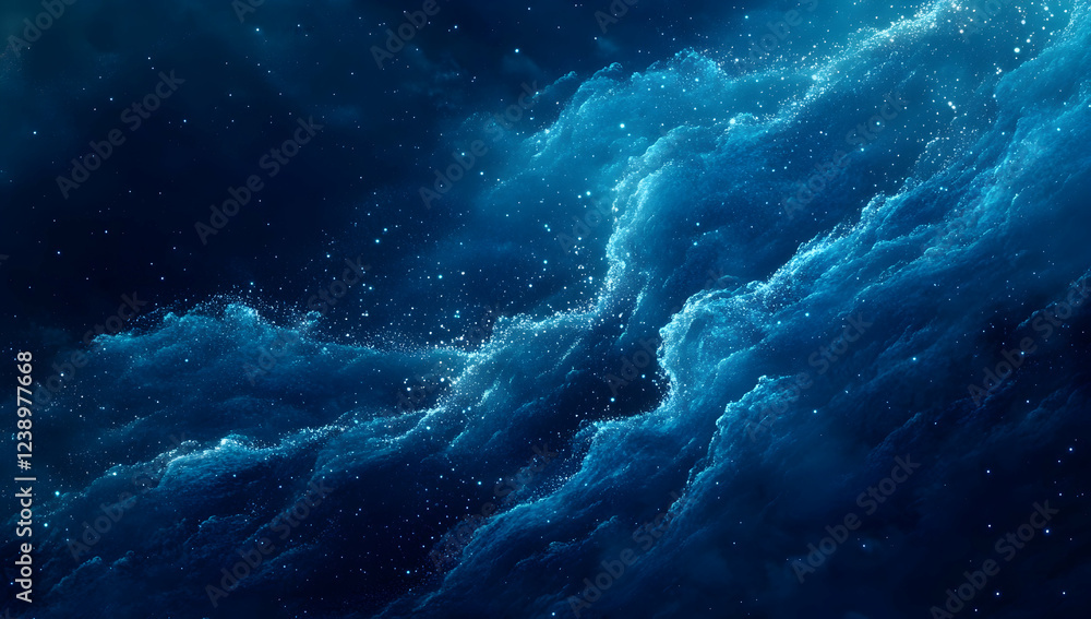 Poster abstract blue wave of digital data and technology background with glowing particles