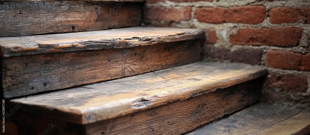 Poster wooden stairs with worn surface and exposed brick wall background showing texture and old constructi