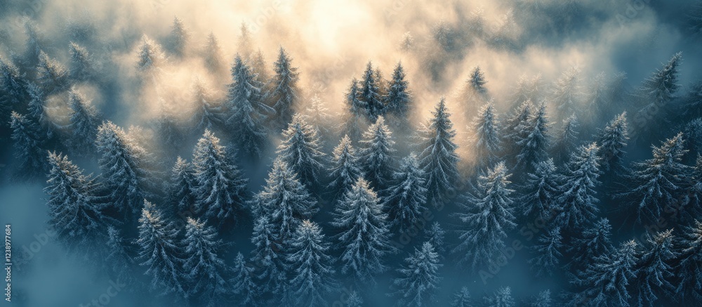 Aufkleber Aerial view of snow-covered evergreen trees in a misty forest landscape during winter with soft light filtering through the clouds Copy Space