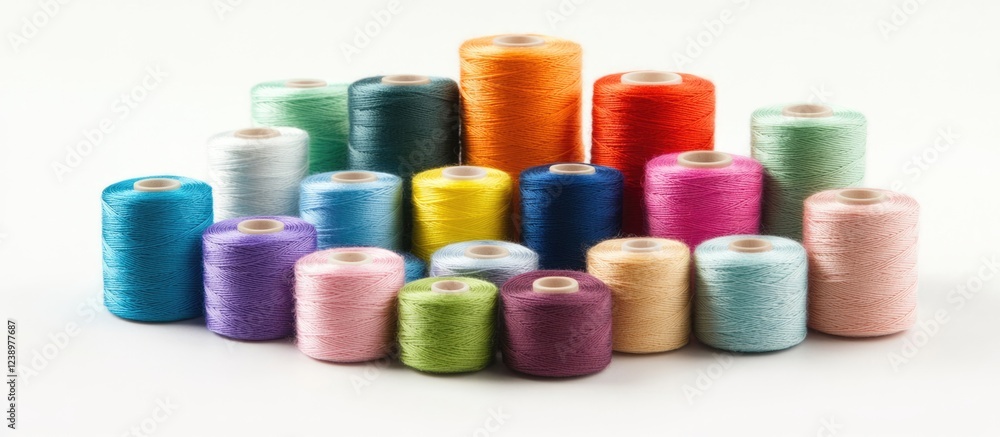 Aufkleber Assorted colorful spools of thread arranged in a visually appealing manner on a white background with Copy Space