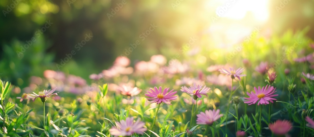 Poster field of pink wildflowers illuminated by soft sunlight during golden hour with blurred background an