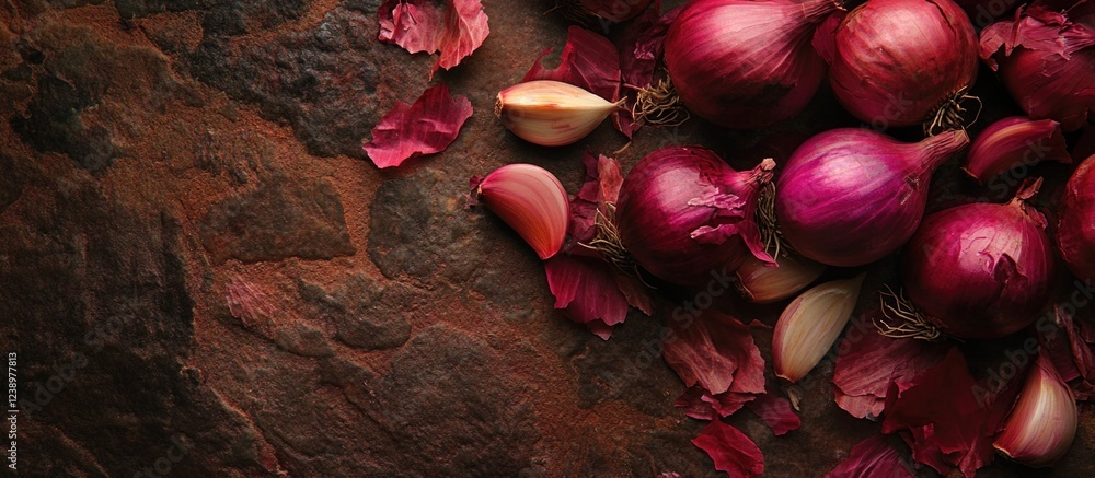 Poster red onions and garlic cloves on textured stone background with onion peels and petals scattered arou