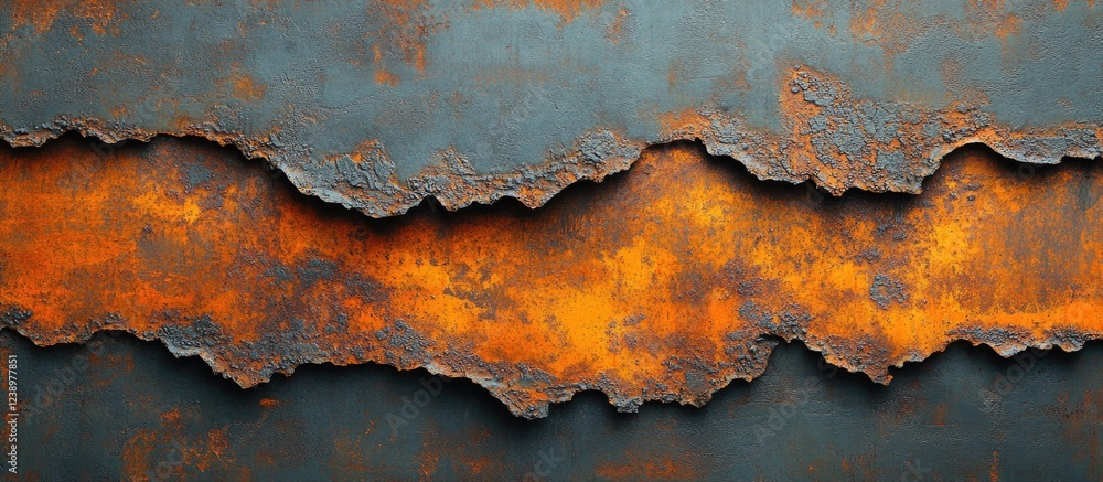 Poster Textured abstract background of rusted metal with layers of orange and gray tones suitable for industrial themes and design Copy Space