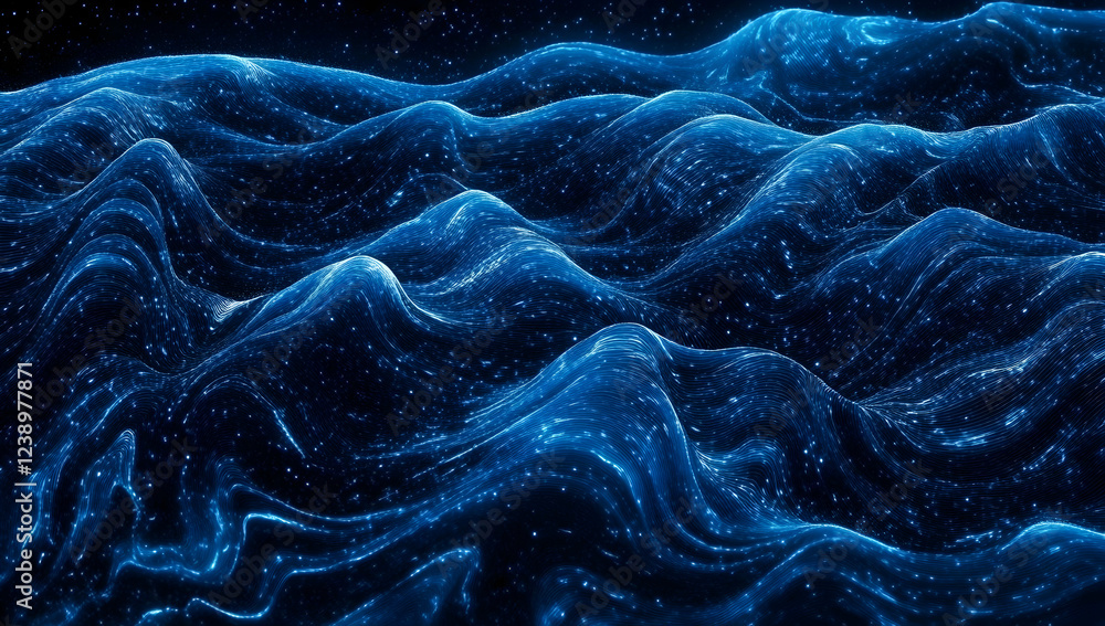 Poster abstract blue wave of digital data and technology background with glowing particles
