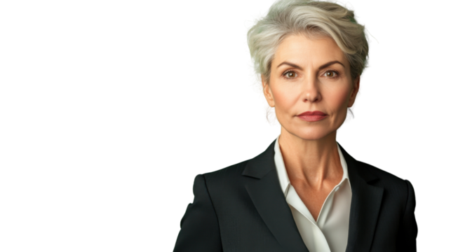 Senior businesswoman with grey hair posing on transparent background