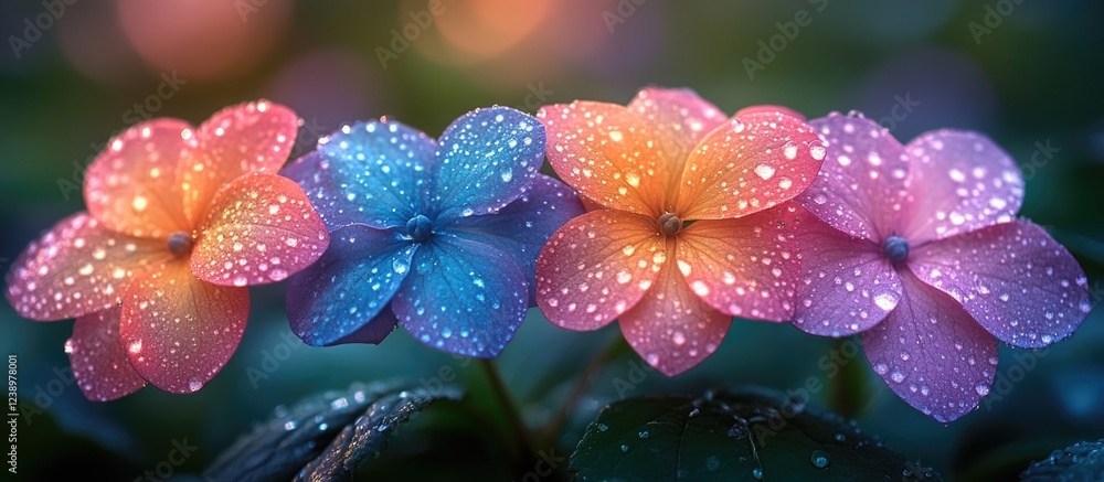 Poster colorful flowers with water droplets arranged in a row on green leaves with blurred background and e