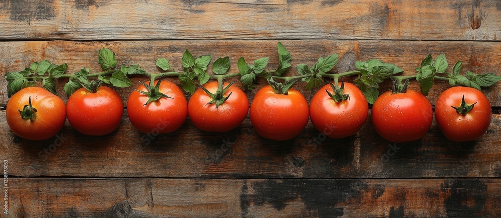 Poster fresh ripe tomatoes arranged in a row with green leaves on rustic wooden background copy space