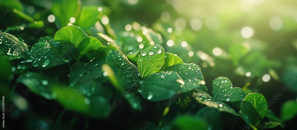 Poster close-up shot of green leaves with water droplets in soft natural lighting showing bokeh effect and 