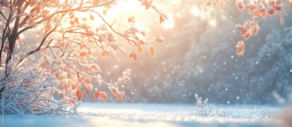 Poster winter landscape with snow-covered ground, frosty branches, and warm sunlight filtering through, cre