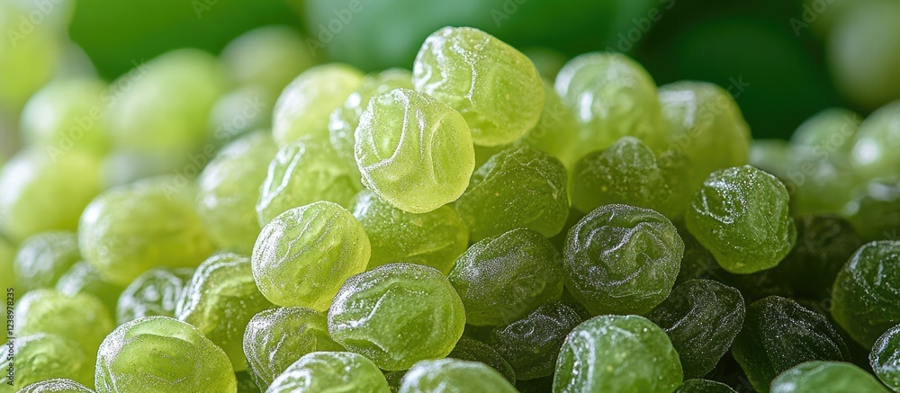 Poster close-up of translucent green candy with a glossy finish and textured surface on a blurred natural b