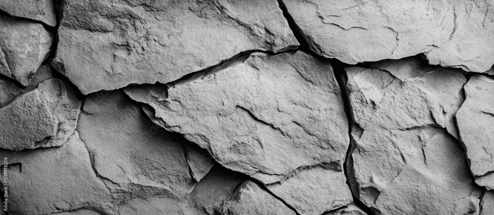 Poster Gray textured stone wall background with uneven fractured surface and natural patterns for architectural or design use Copy Space