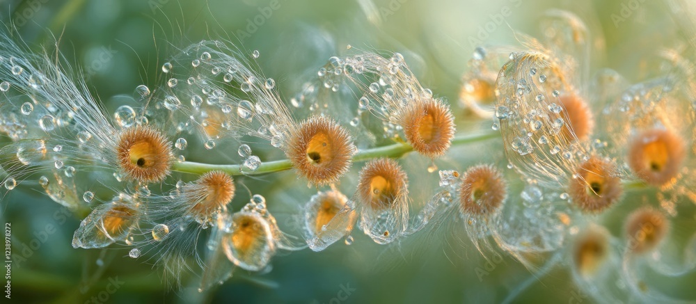 Poster close-up of delicate plant with orange seeds covered in water droplets on green background with soft