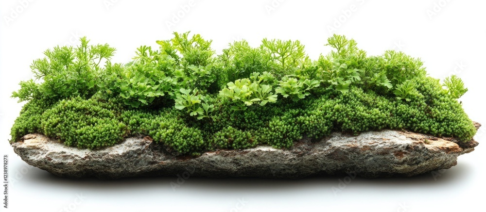 Poster green moss and vibrant herbs growing on a textured log with neutral background and ample copy space 
