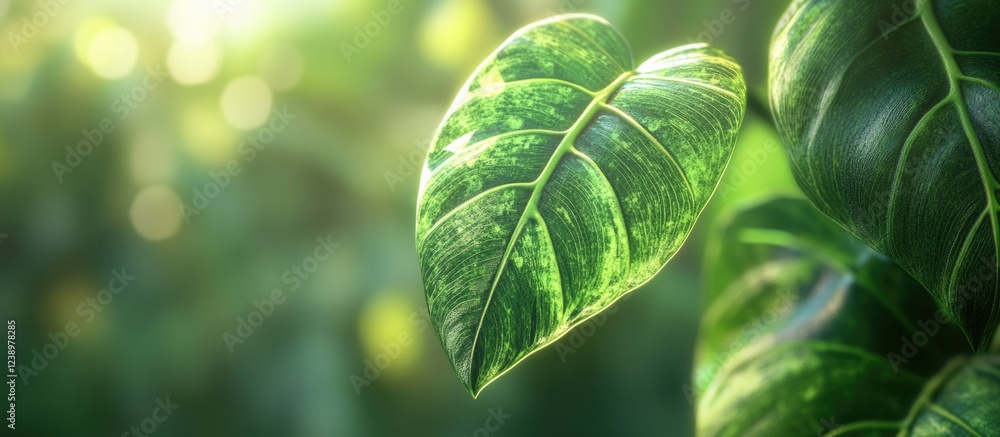 Poster close-up of green glossy leaves with sunlight background bokeh effects and natural textures for bota