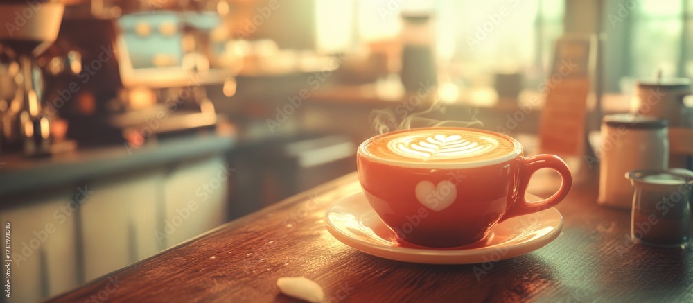 Poster Coffee cup with latte art on wooden table in cozy cafe setting with warm lighting Copy Space