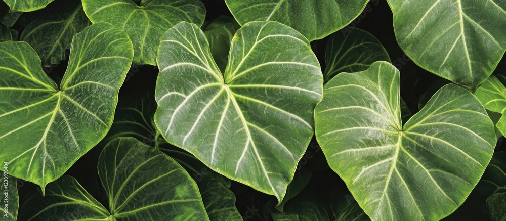 Poster heart-shaped green leaves with prominent vein patterns on dark background with natural texture copy 