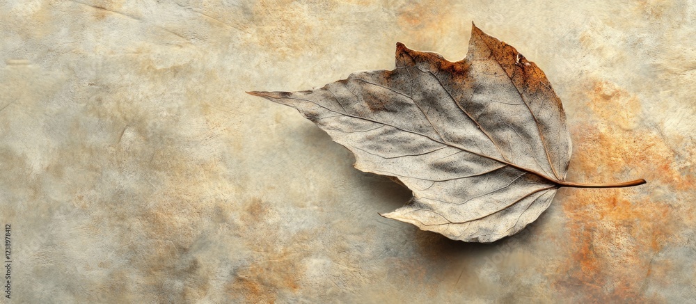 Aufkleber dried autumn leaf on textured background with warm tones and room for text copy space