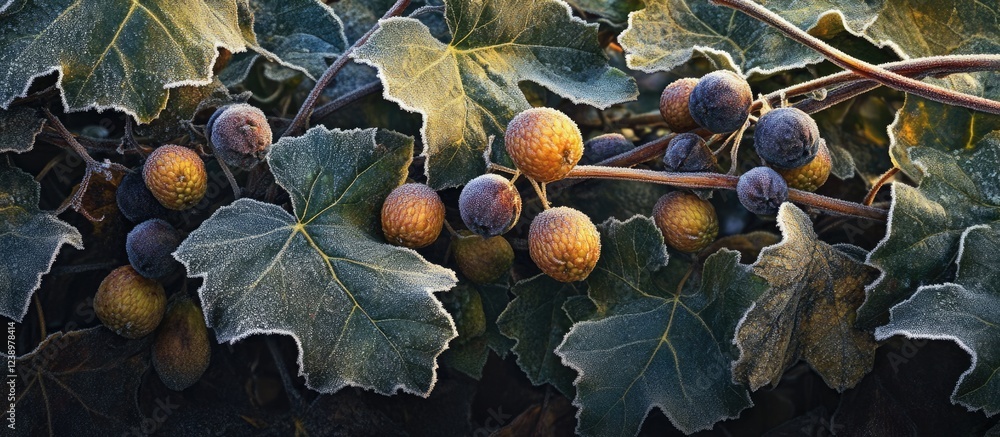 Poster frost covered grapes and leaves with intricate details and textures natural light background copy sp